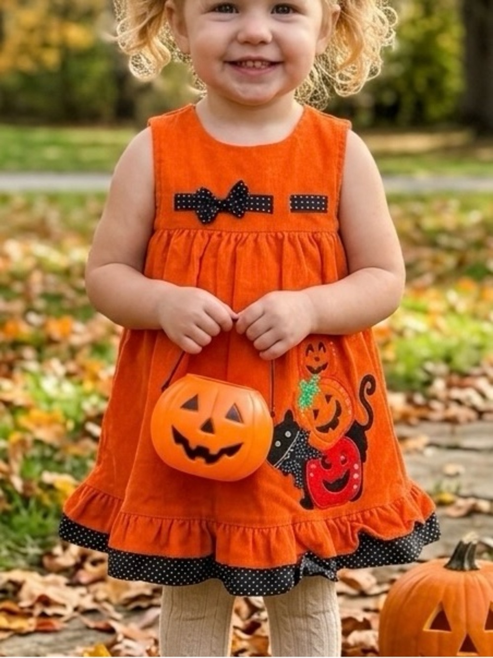 24M Rare Editions Toddler Girls Orange Corduroy Halloween Pumpkin Jumper Dress